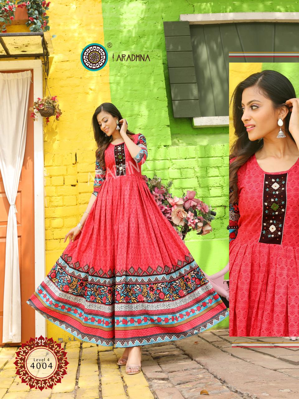 Aradhana Level 4 Latest Fancy  Printed Style Long Casual Wear Anarakali  Flair Pure Cotton Designer Kurti  Collection 

